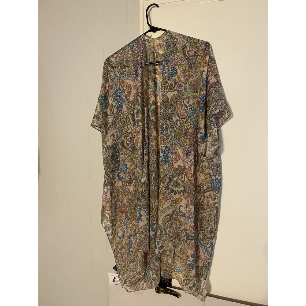 NWT Paisley Beaded Kimono Cover Up Duster OS Open Front Lightweight Sheer Boho